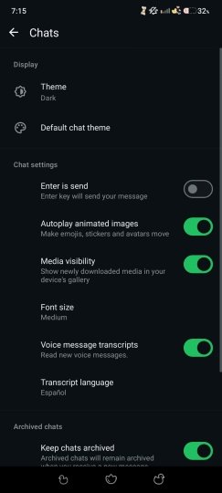 Opciones de los chats de WhatsApp en el apartado de ajustes