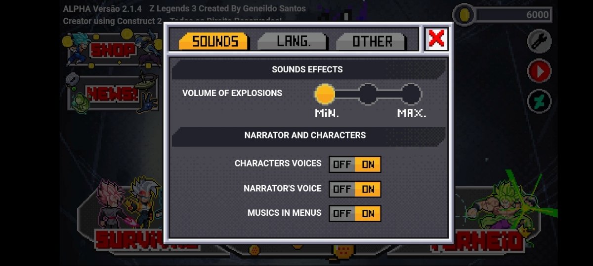 Menú de sonido y ajustes de Z Legends 3