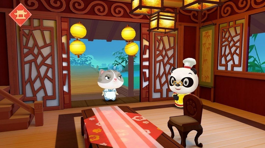 Comida asiática o panda está esperando a entrega do café mini jogo