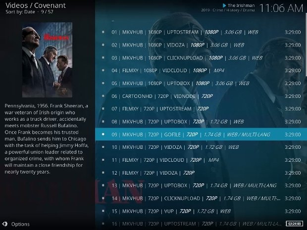 Una película ofrecida por un complemento de Kodi