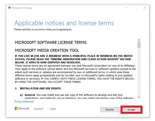 Aceite os termos de uso de Media Creation Tool