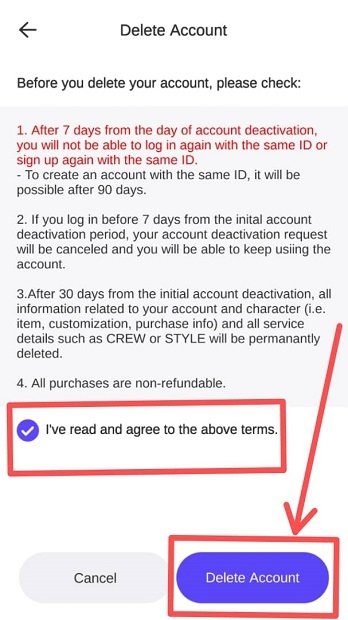Accept the Terms & Conditions and press Delete Account