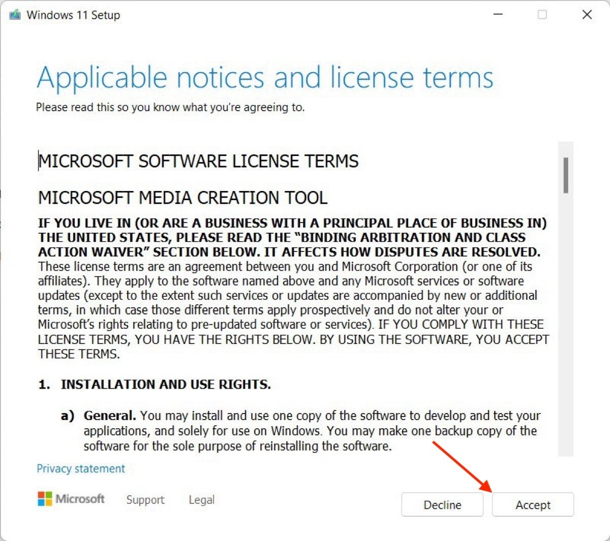 Accept the terms and conditions of the media creation tool