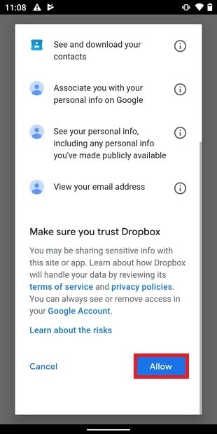 Autoriser les accès de Dropbox
