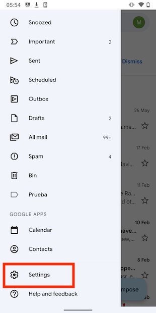Acceder a los ajustes de Gmail