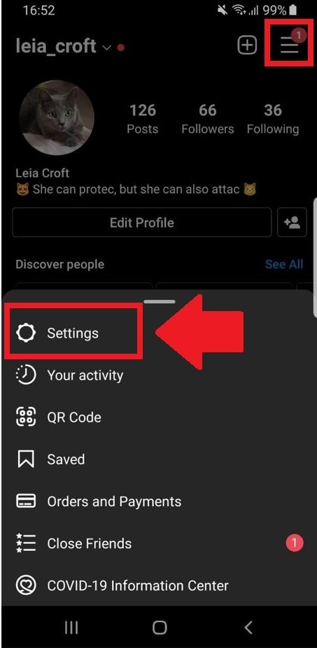 Access the Settings section of your Instagram profile