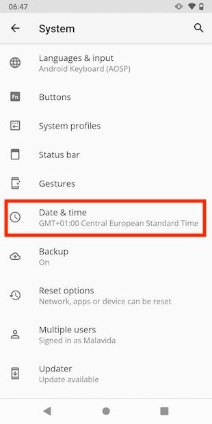 Access the time and date options