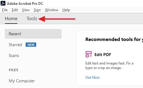Acceso al menú de herramientas de Adobe Acrobat Reader