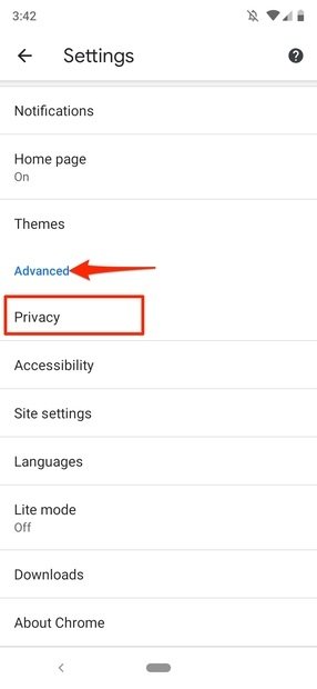 Acceso a los ajustes de privacidad en Chrome