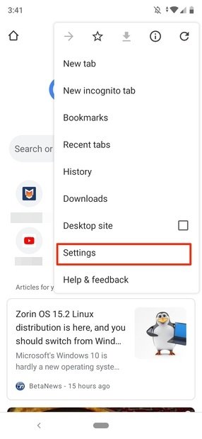 Accesso a Settings dal menu di Chrome