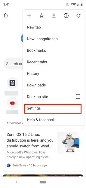 ChromeのメニューからSettingsにアクセス