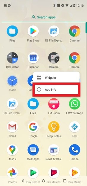 Acessar o menu App info desde o ícone do app