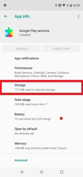 Access to the Storage menu of the Google Play Services settings