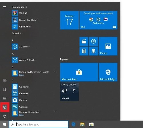 Access to the Windows 10 settings