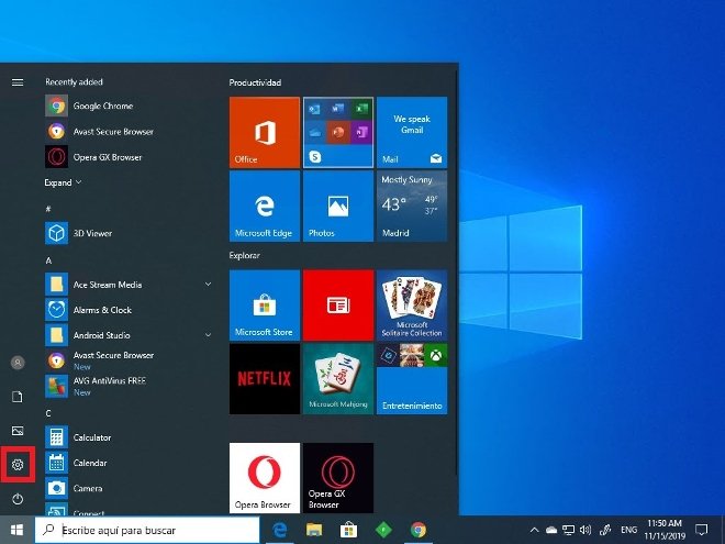 Access to the Windows configuration menu