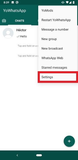 Доступ к меню Settings в YOWhatsApp