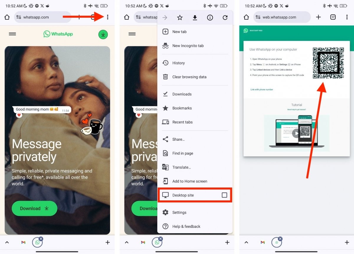 L'accès à WhatsApp Web à partir d'un autre mobile est possible avec l'affichage de bureau sur Chrome