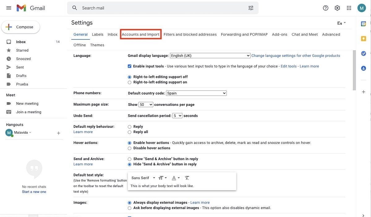 Account and import settings