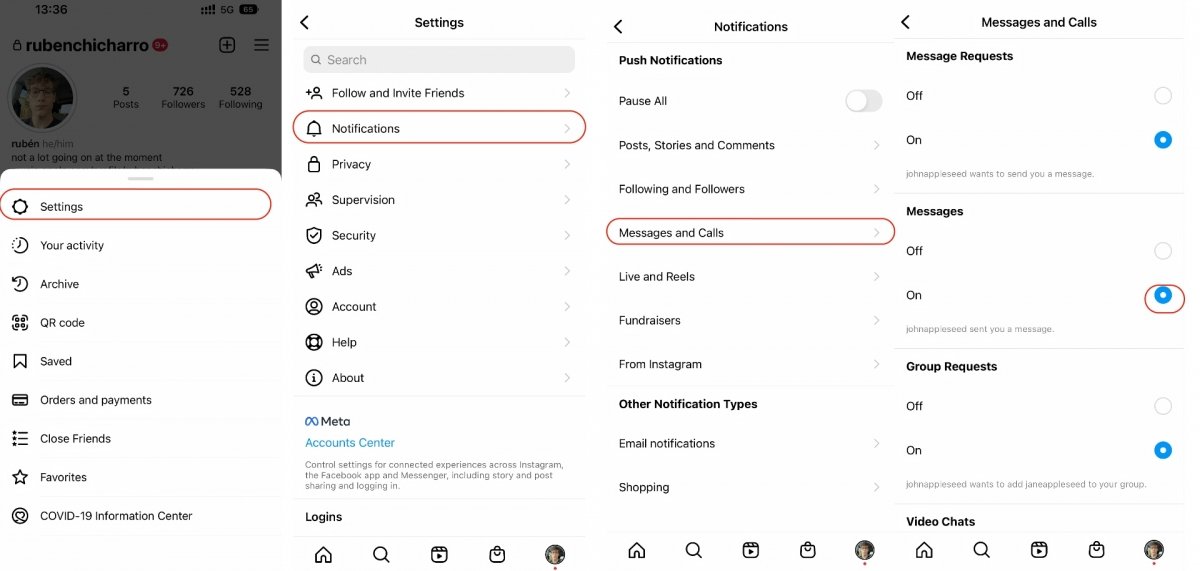 Activate Instagram message notifications