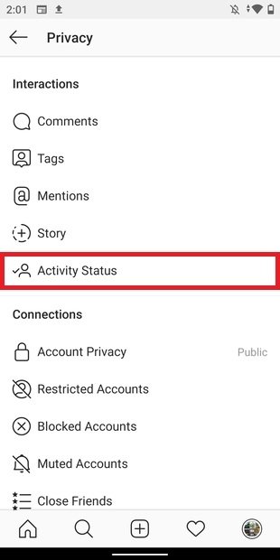 Activity status menu