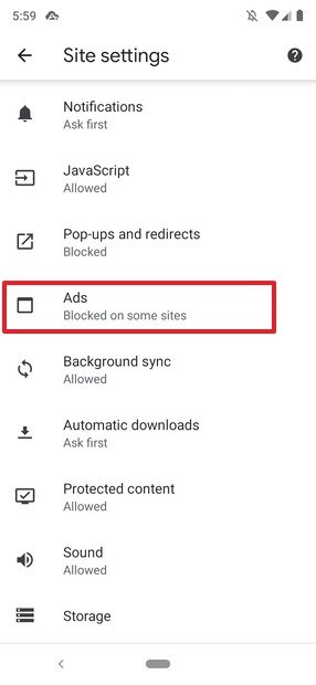 Adblocking in the website settings