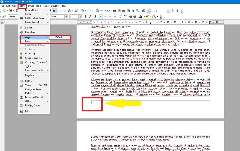 openoffice add page number footer