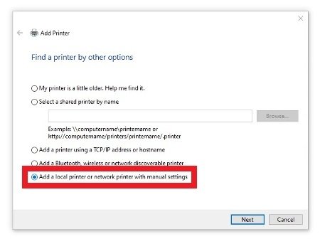 Add a local printer with manual settings