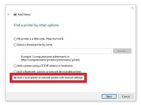 Añadir una impresora local con ajustes manuales