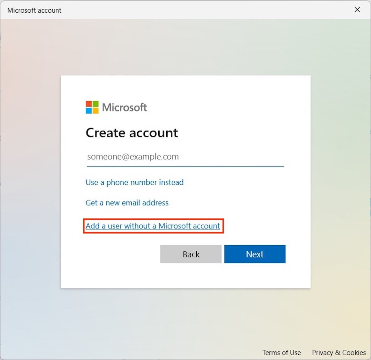 Add an account without a Microsoft profile