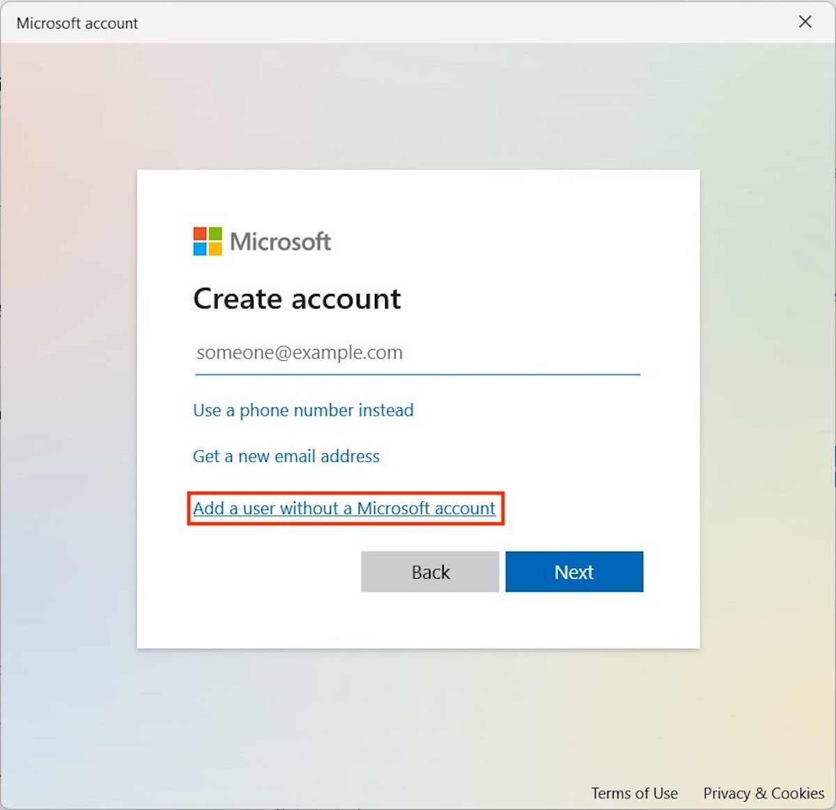 Microsoftのプロフィールなしアカウントを追加