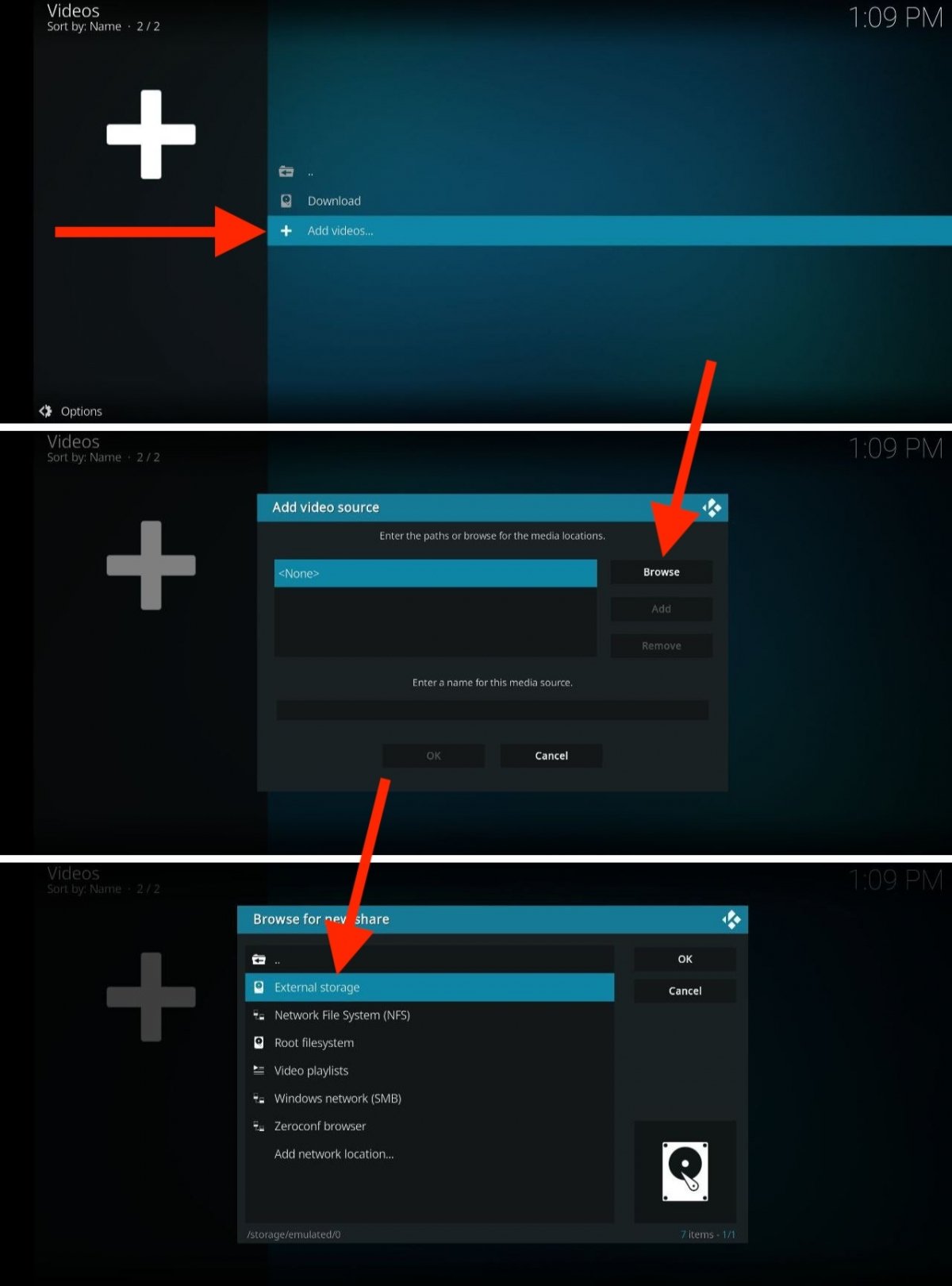 Adding a directory to Kodi so the app con search for local files