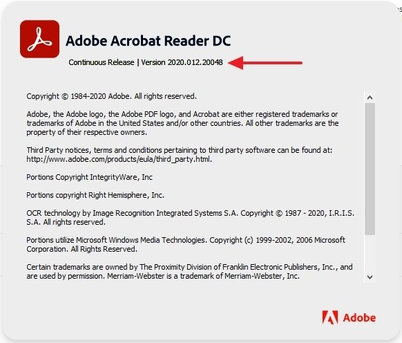 Numéro de version d’Adobe Acrobat Reader