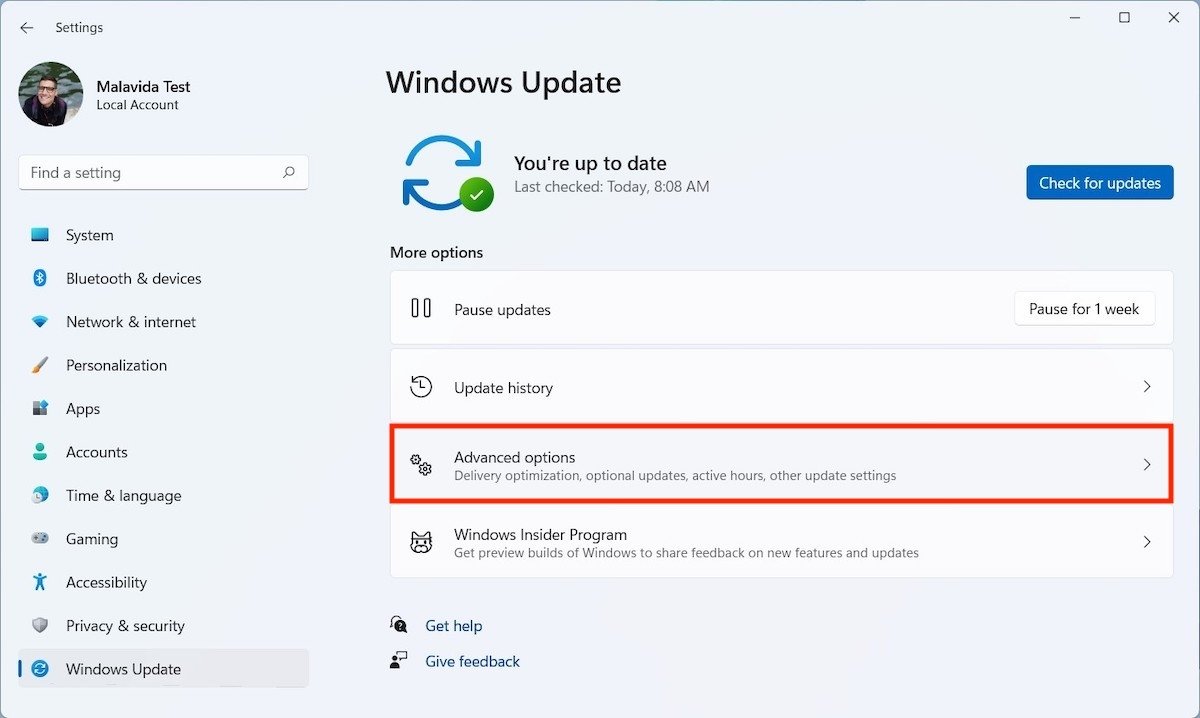 Opções avançadas do Windows Update