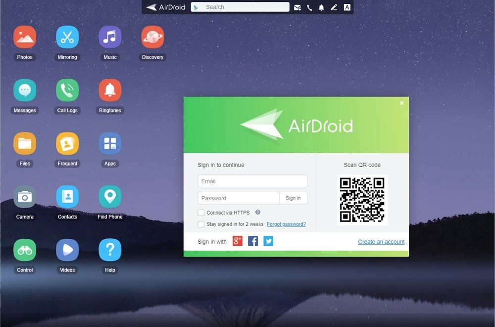 AirDroid’s home screen
