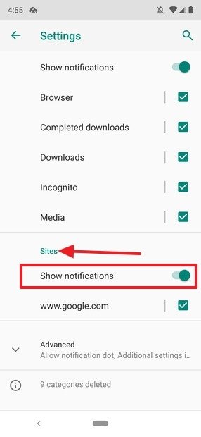 Todas as notificações de sites desativados