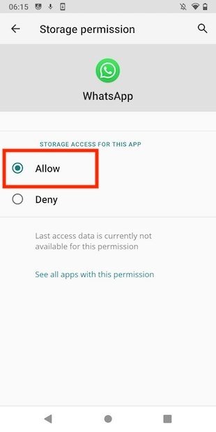 Allow WhatsApp to access the internal memory