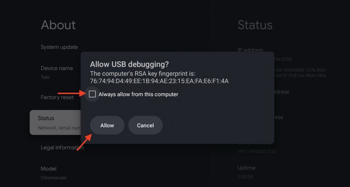 Allowing the remote connection via ADB