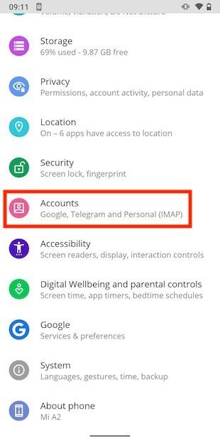 Android account settings