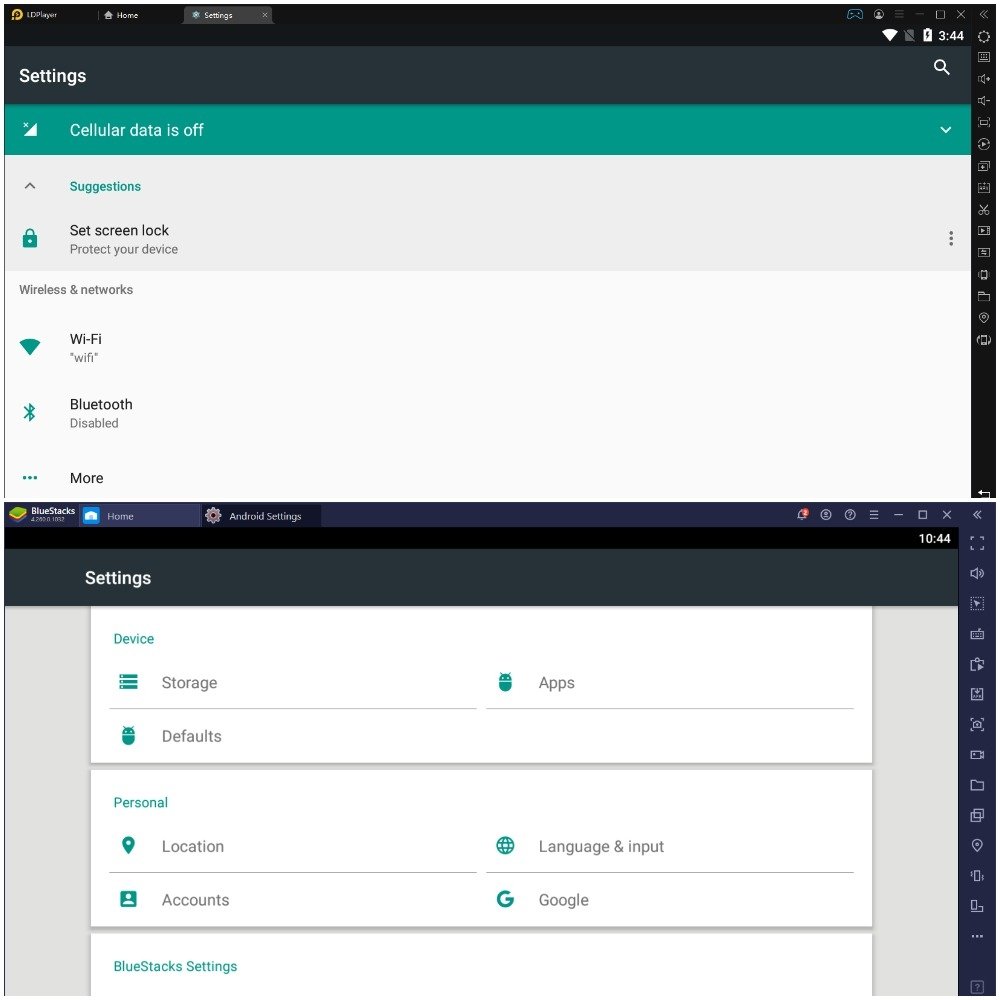 Android settings in LDPlayer and BlueStacks