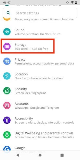 Impostazioni di archiviazione su Android