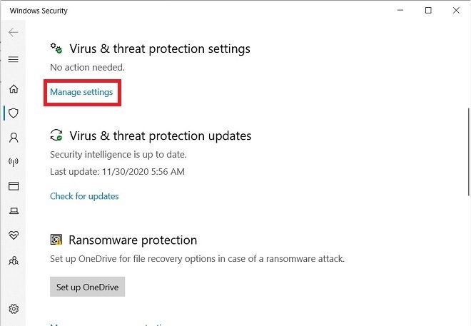 Configurações da proteção contra vírus