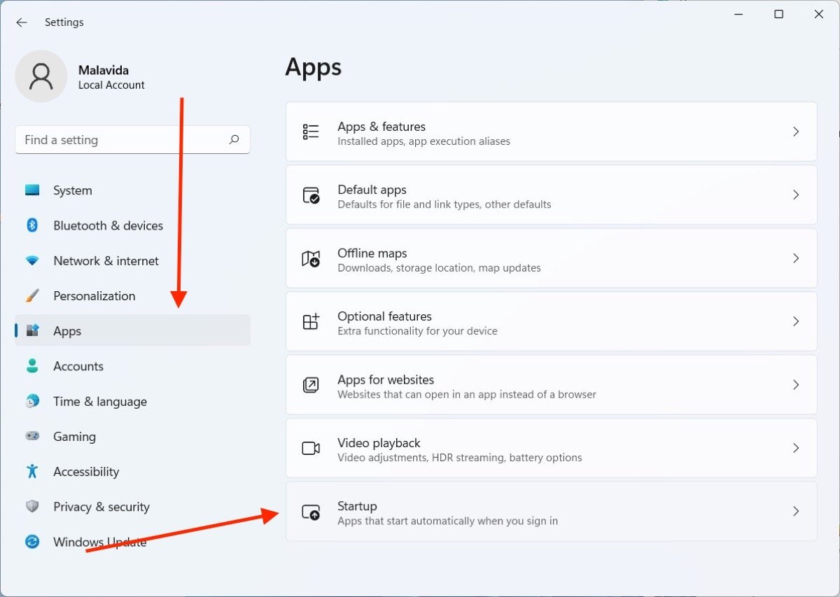 Seção de aplicativos nas configurações