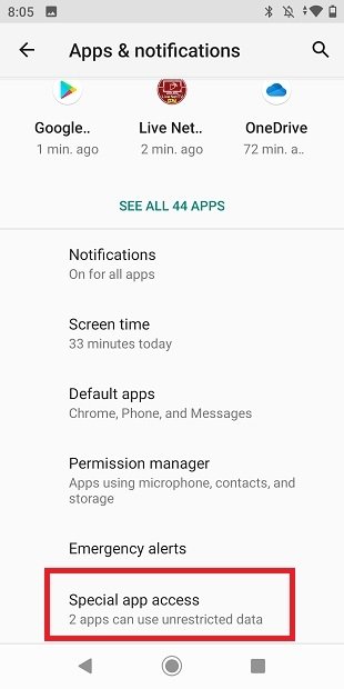 Autorisations spéciales d'une application