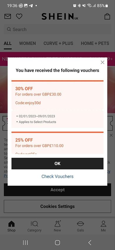 As soon as you open Shein app, you'll find all sorts of discounts