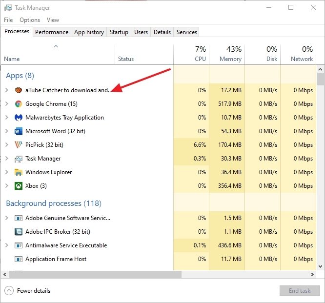aTube Catcher in the task manager