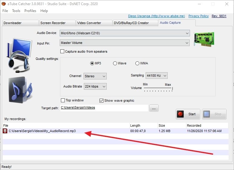 Nota de audio en la lista de notas