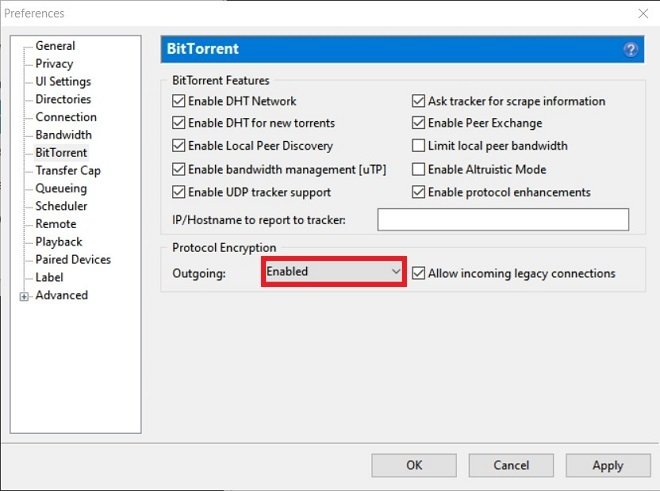 BitTorrent's settings