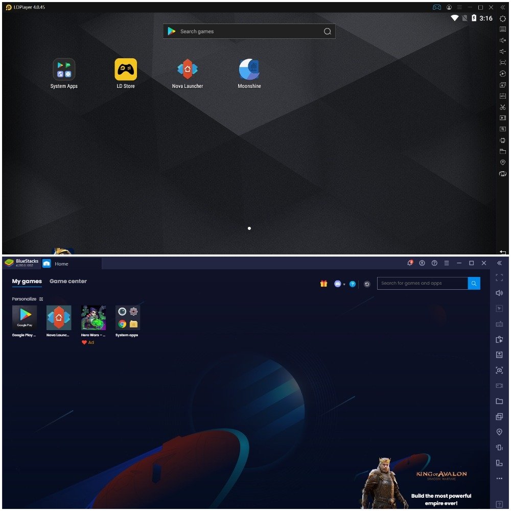 BlueStacks and LDPlayer’s desktops