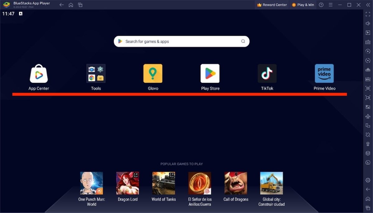 BlueStacks app launcher with all the installed applications