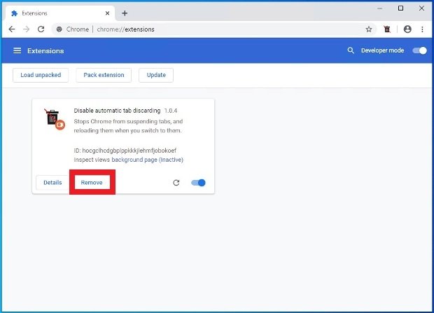 Botón para borrar una extensión de Chrome